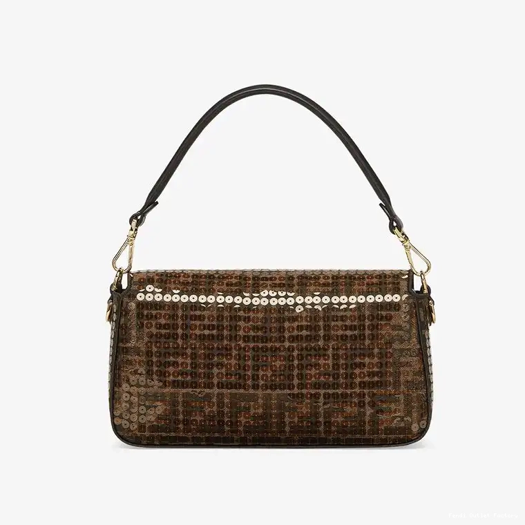 Vintage HOT Bag In with Fabric Brown FF Baguette Fendi Motif Sequins Medium 0521
